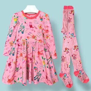 Oilily Organic Cotton Puff Sleeve Dress and Tights Size 104 (4 Years) Pink Multi